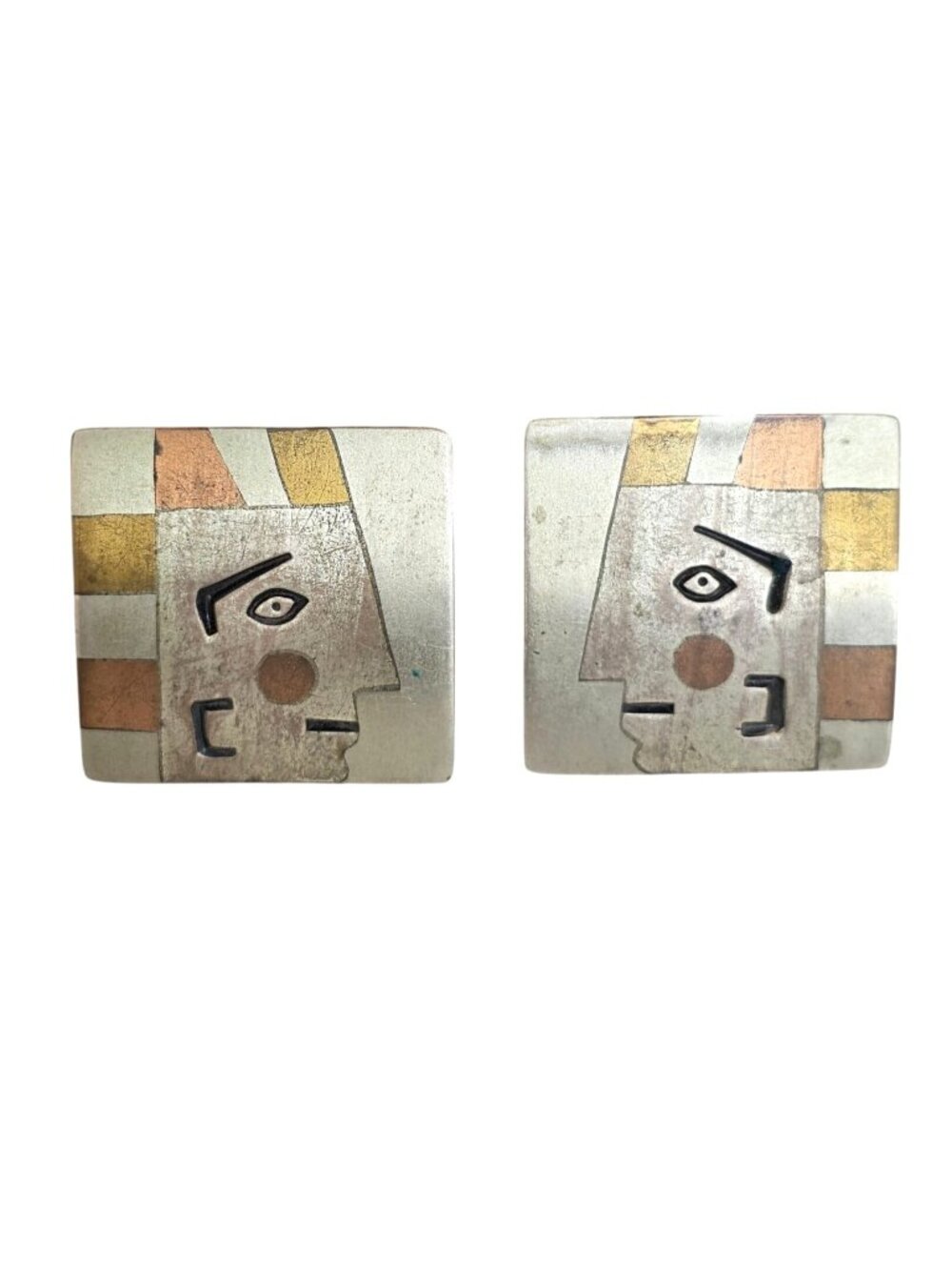 Mexican Metales Casados Artisan Cufflinks With Abstract Face Design Sterling Sil